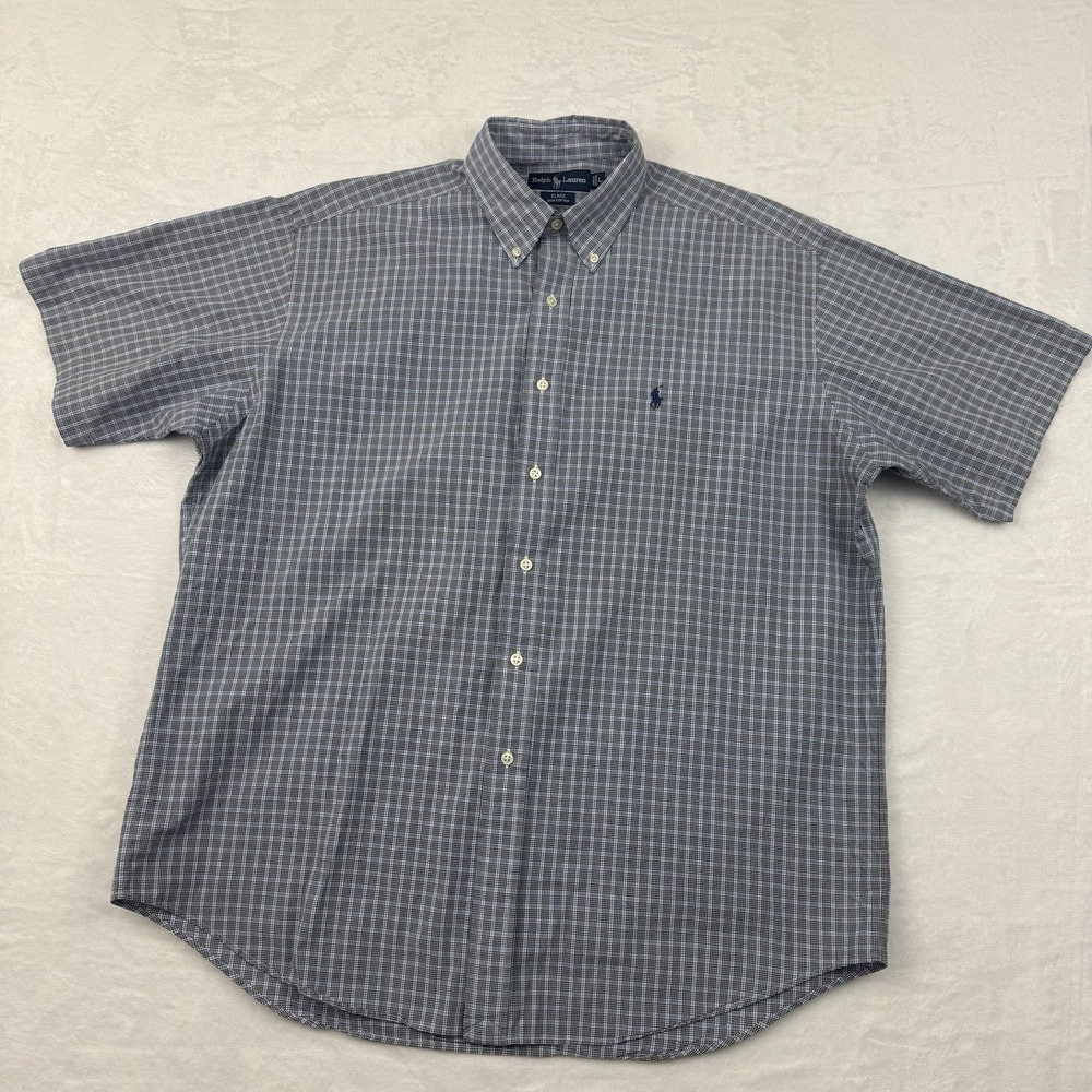 Ralph Lauren Blake Shirt Men Large Blue Grey Plaid Short Sleeve Cotton Button Up - Picture 2 of 9